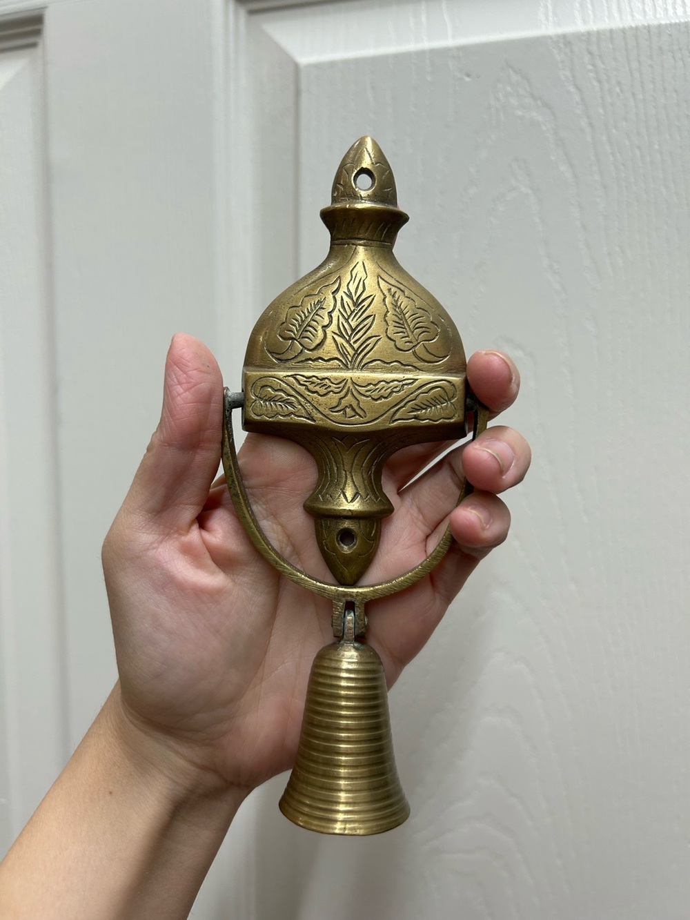 Vintage Brass Hanging Decorative Bell with Ornate Floral Motif - Gold